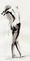 Woman, naked, leaning against a ledge. Waterpaint on paper