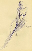 Nude female model posing. Pen on paper