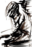 Man, naked, thinking with hand in his hair. Watercolor on paper