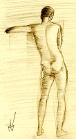 Male model posing nude, leaning against a ledge. Graphite on paper