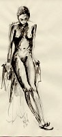 Woman, naked, leaning against a box. Waterpaint on paper