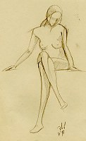 Nude female model sitting. Pencil on paper