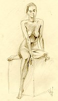 Female model posing nude, sitting on a block. Graphite on paper
