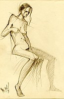 Nude female model sitting. Pencil on paper