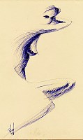 Nude female model contemplating. Pen on paper