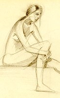 Nude female model sitting. Pencil on paper