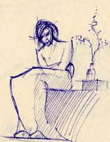 Woman waiting next to a plant